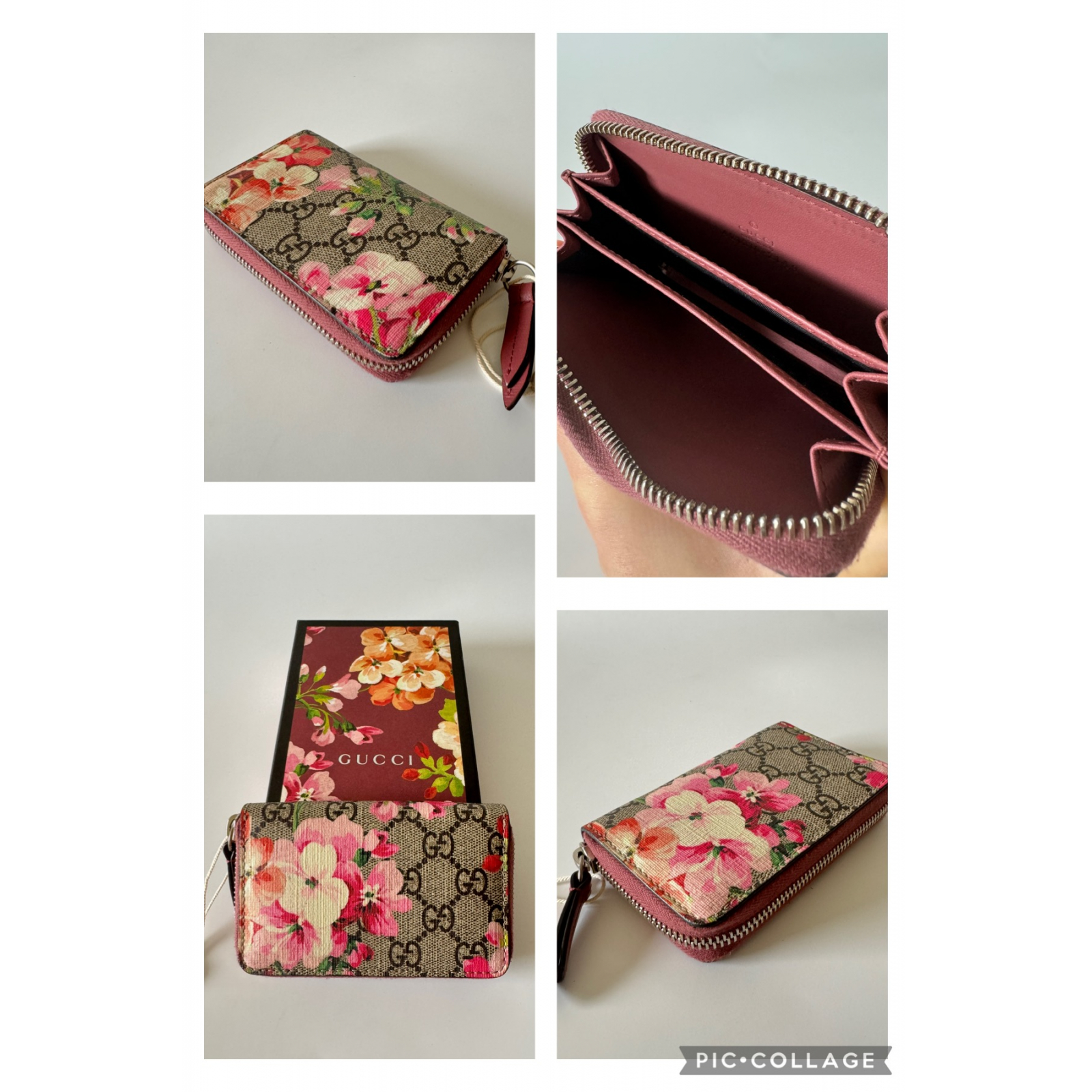 GUCCI GG Supreme Monogram Blooms Print Zip Around Card Case Wallet Portfel