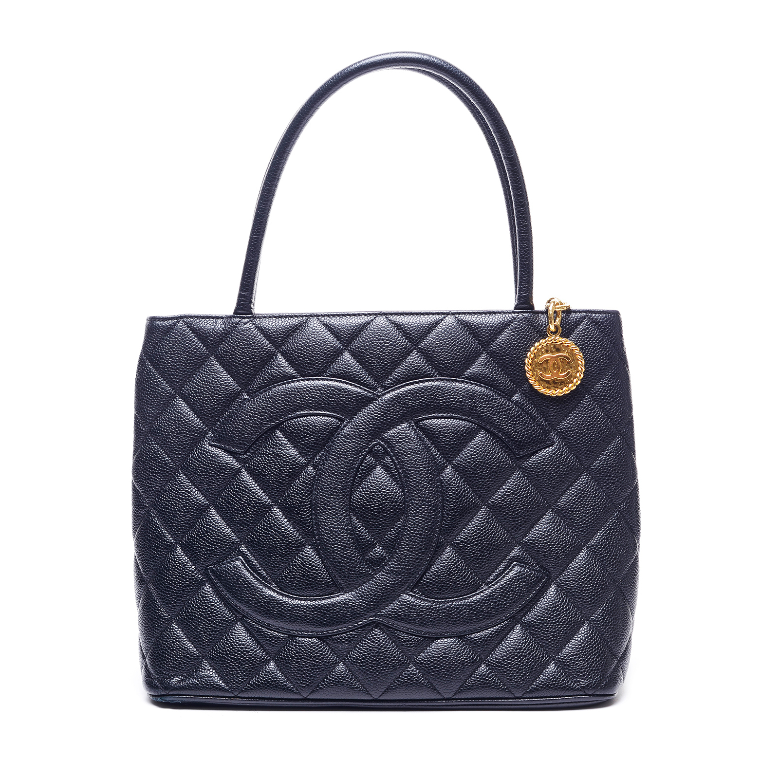Torebka Chanel Black Quilted Caviar Leather Gold Medallion Tote Bag