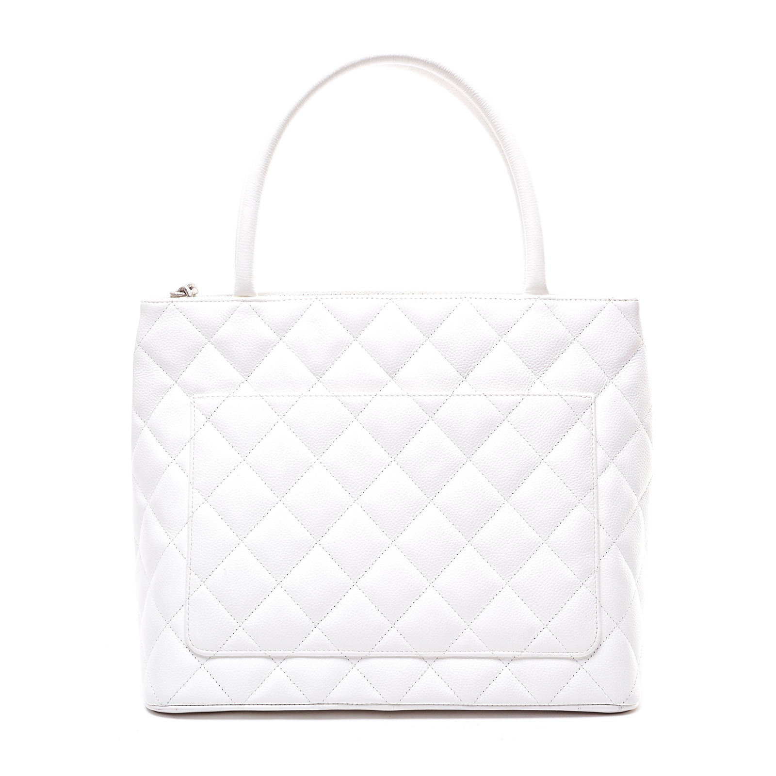 WHITE QUILTED CAVIAR LEATHER 'CC' LOGO SILVER TONED MEDALLION TOTE BAG