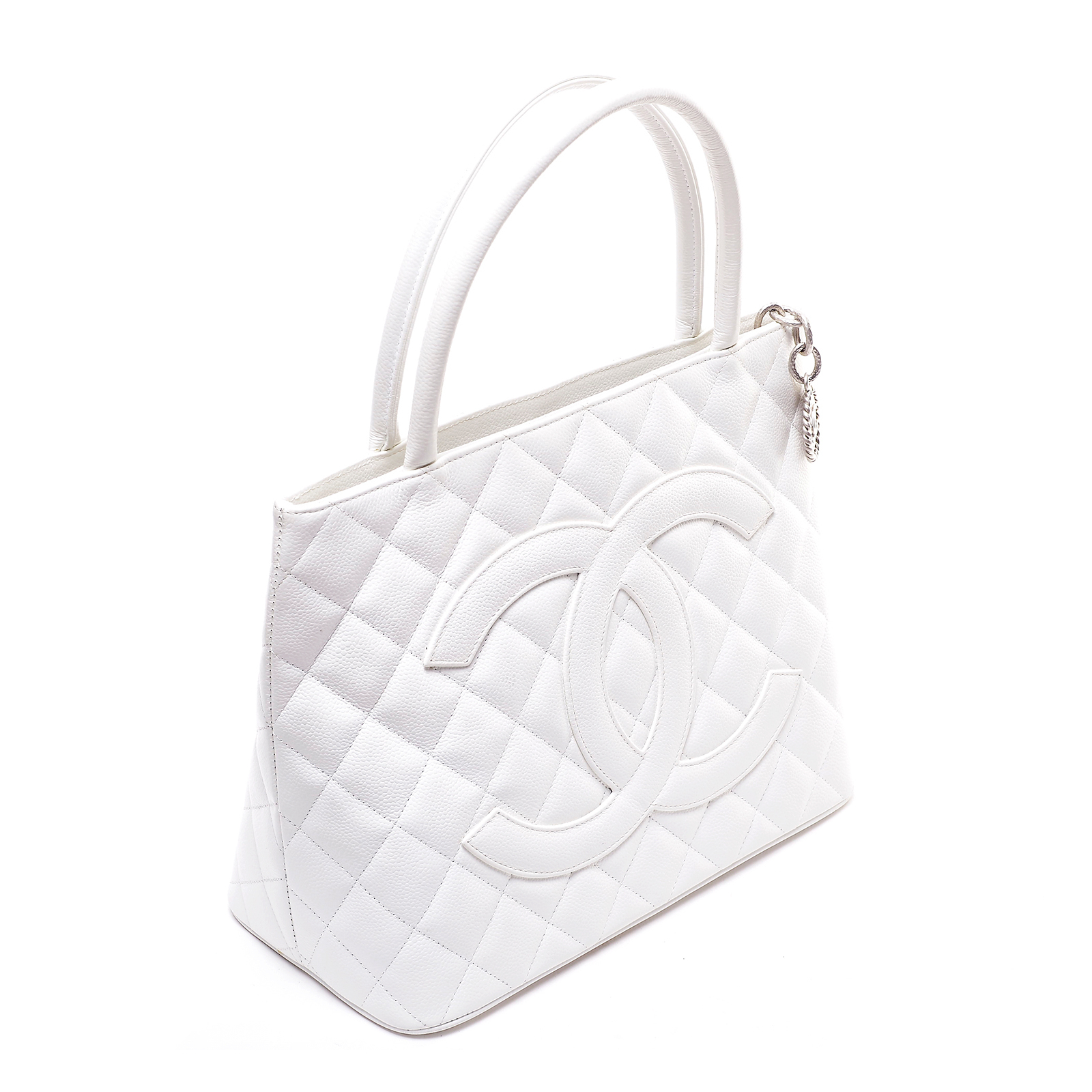 WHITE QUILTED CAVIAR LEATHER 'CC' LOGO SILVER TONED MEDALLION TOTE BAG