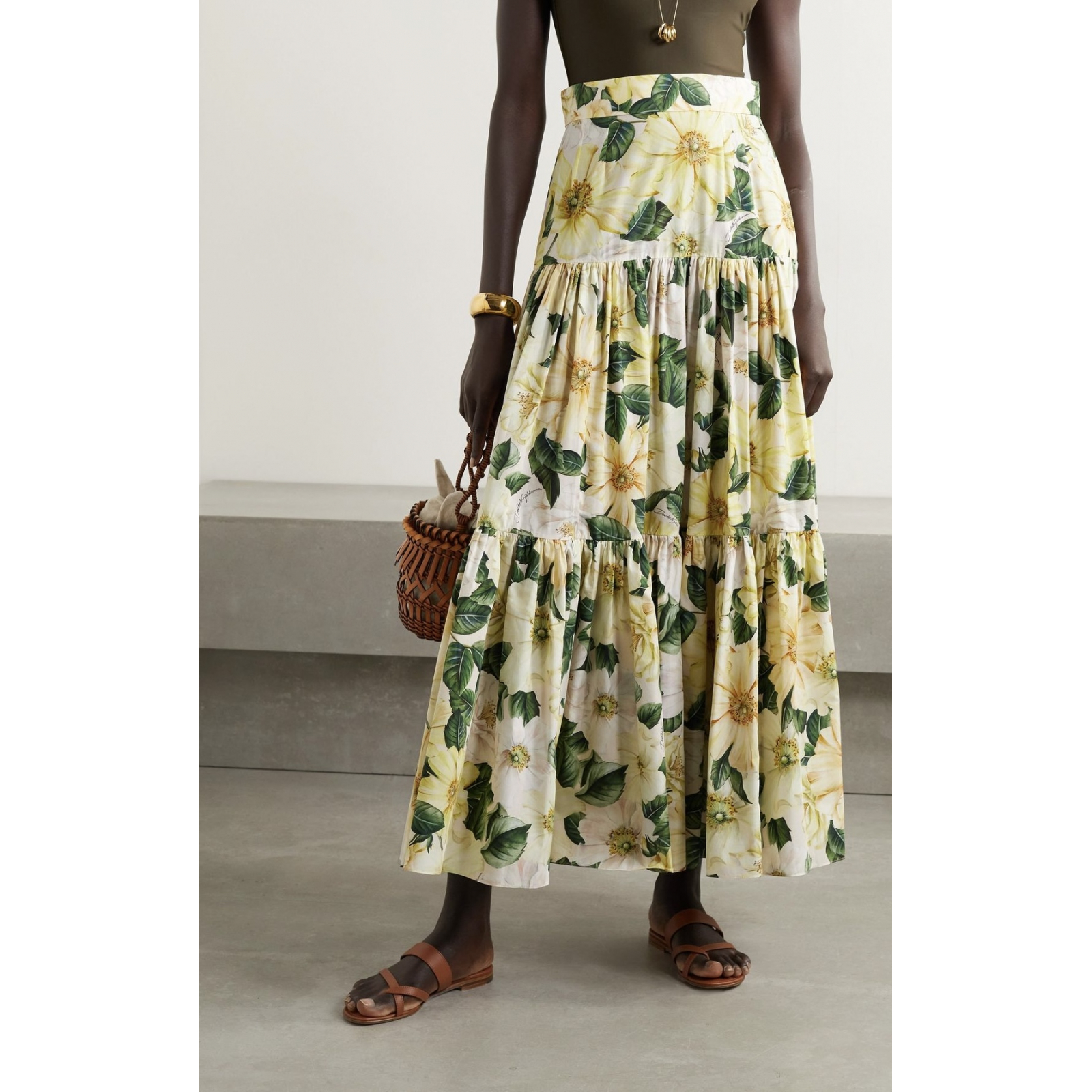 DOLCE & GABBANA Camellia Floral Print Tiered Cotton Maxi Skirt - spódnica