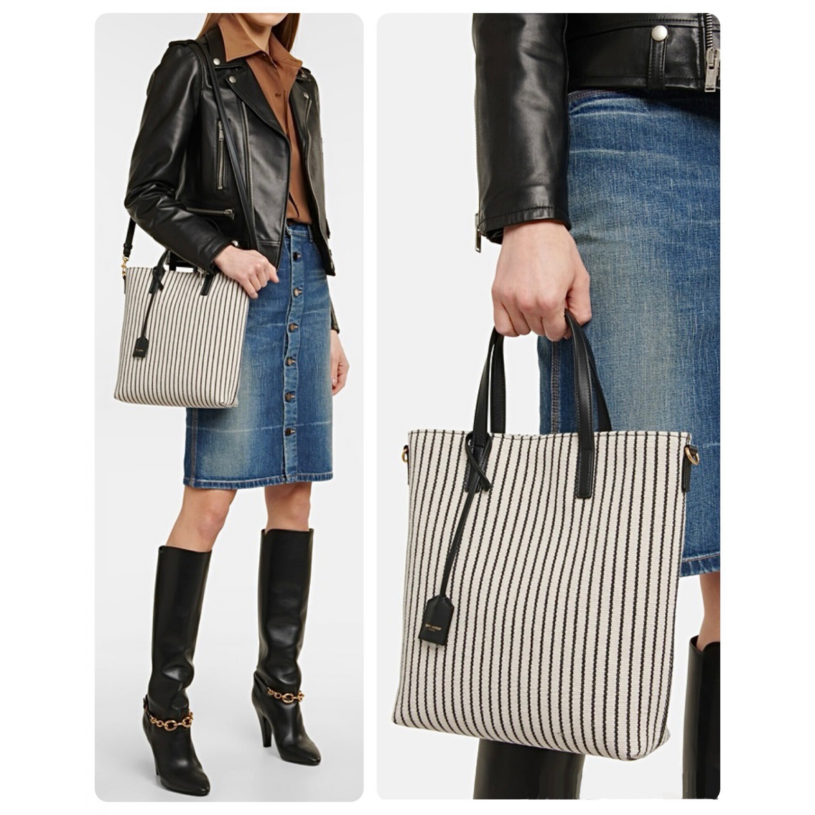 SAINT LAURENT Shopping Toy Striped Canvas Tote - torebka