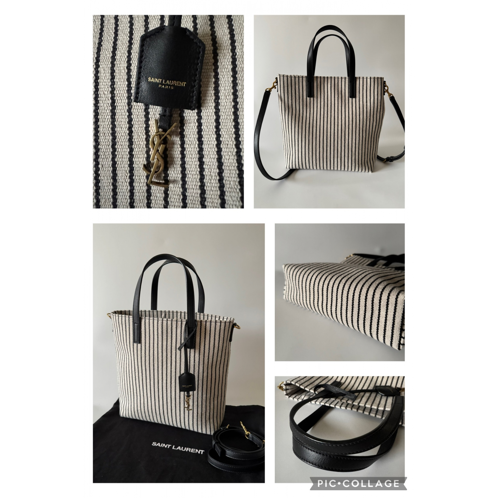 SAINT LAURENT Shopping Toy Striped Canvas Tote - torebka