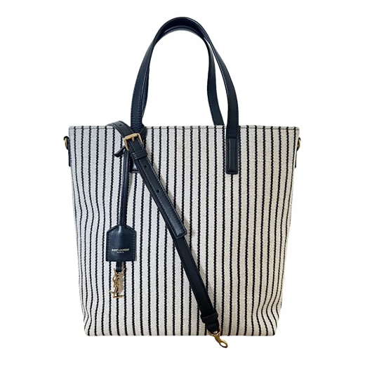 SAINT LAURENT Shopping Toy Striped Canvas Tote - torebka