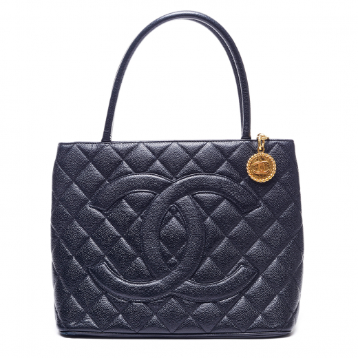Torebka Chanel Black Quilted Caviar Leather Gold Medallion Tote Bag